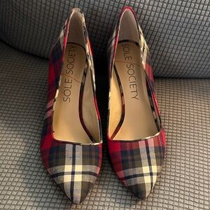 Sole Society Plaid Pointed Toe Wedges- Red, Black, and Tan